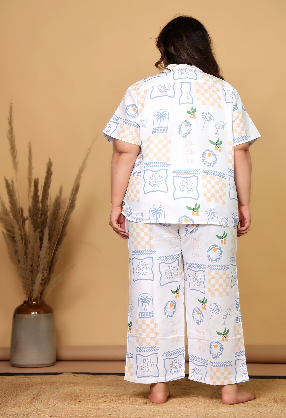 White Mediterranean-Inspired Printed Japanese Blend Cotton Plussize Nightsuit Set by Ameerah