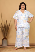 White Mediterranean-Inspired Printed Japanese Blend Cotton Plussize Nightsuit Set by Ameerah