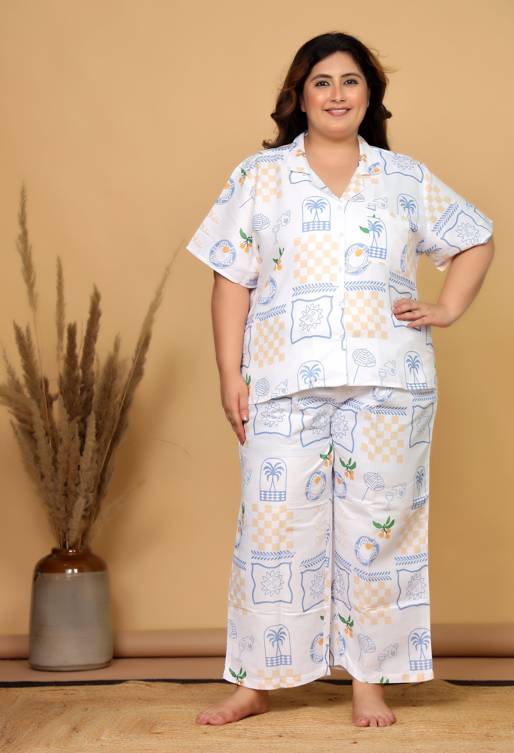 White Mediterranean-Inspired Printed Japanese Blend Cotton Plussize Nightsuit Set by Ameerah