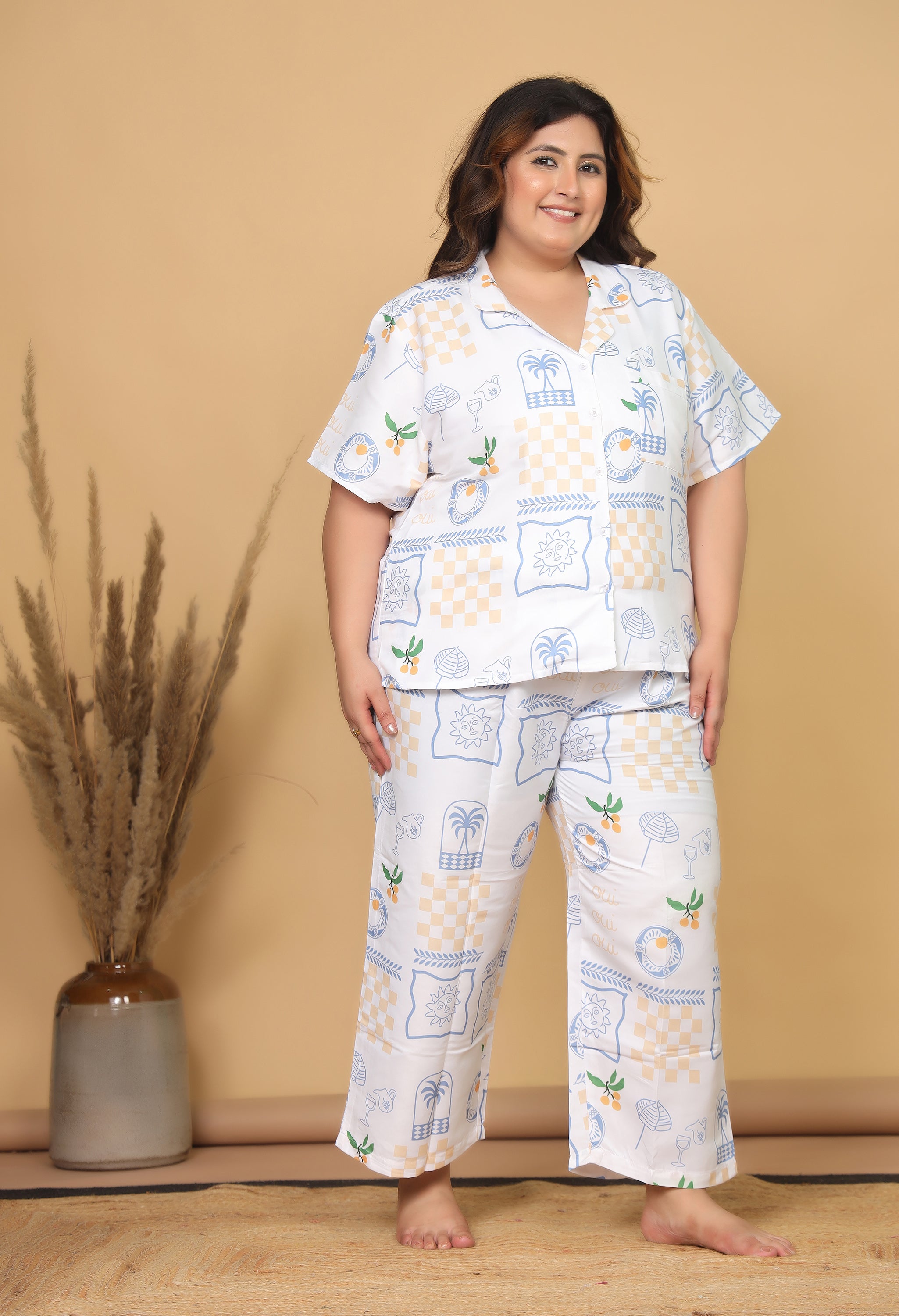 White Mediterranean-Inspired Printed Japanese Blend Cotton Plussize Nightsuit Set by Ameerah