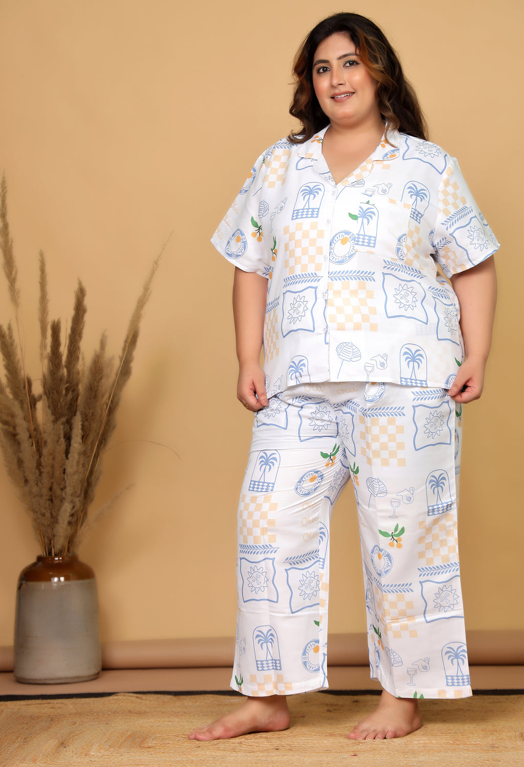 White Mediterranean-Inspired Printed Japanese Blend Cotton Plussize Nightsuit Set by Ameerah
