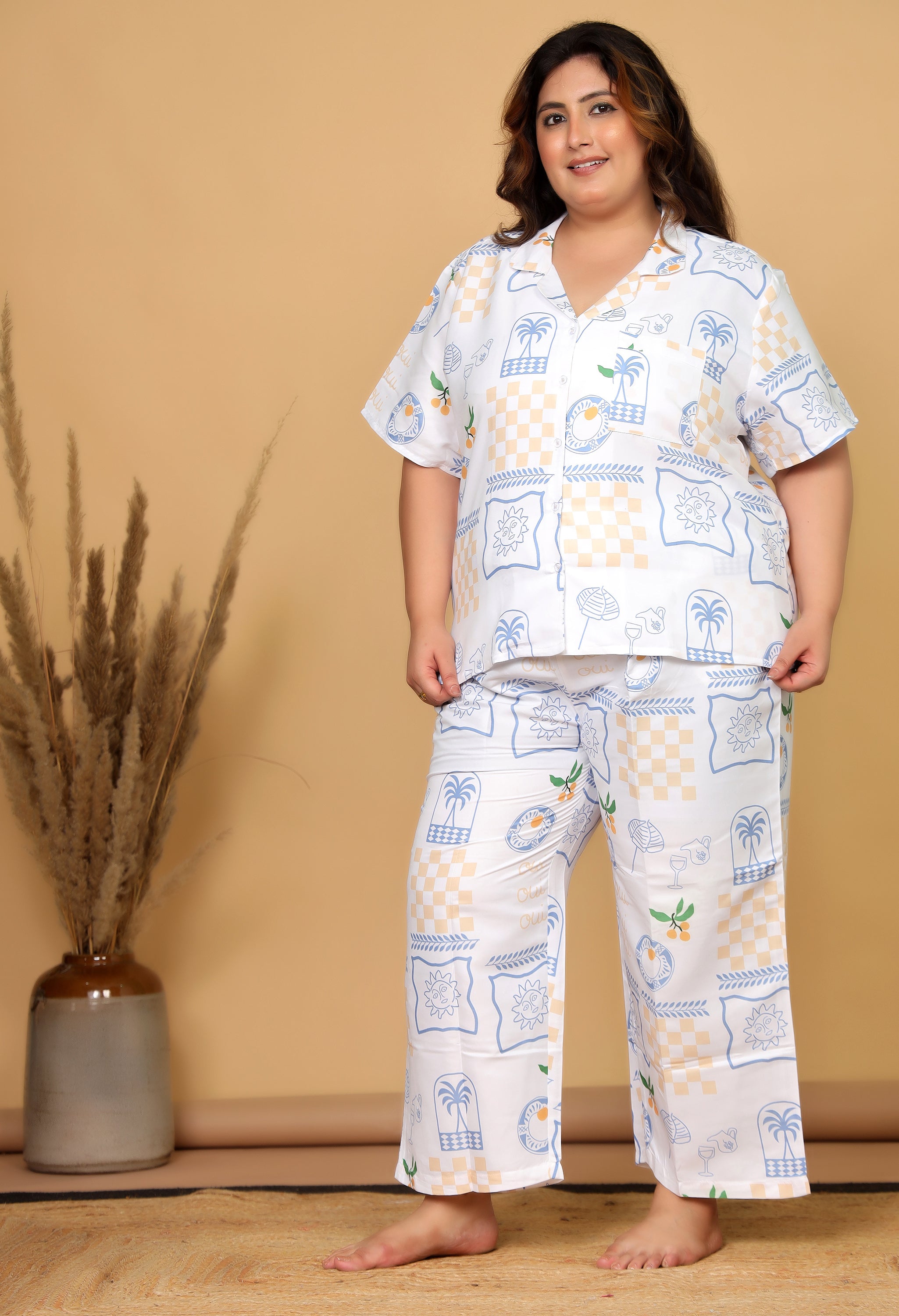 White Mediterranean-Inspired Printed Japanese Blend Cotton Plussize Nightsuit Set by Ameerah