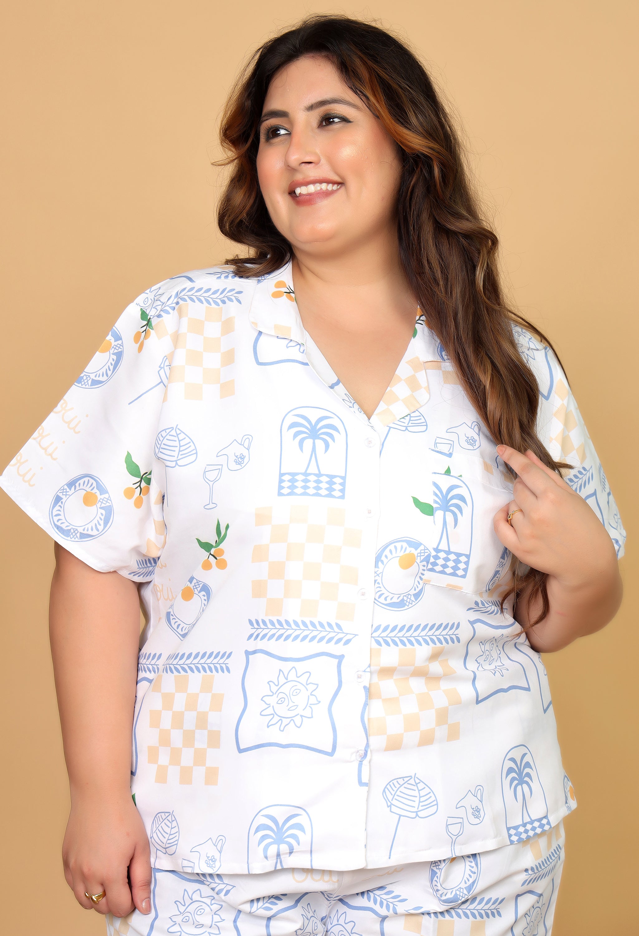 White Mediterranean-Inspired Printed Japanese Blend Cotton Plussize Nightsuit Set by Ameerah