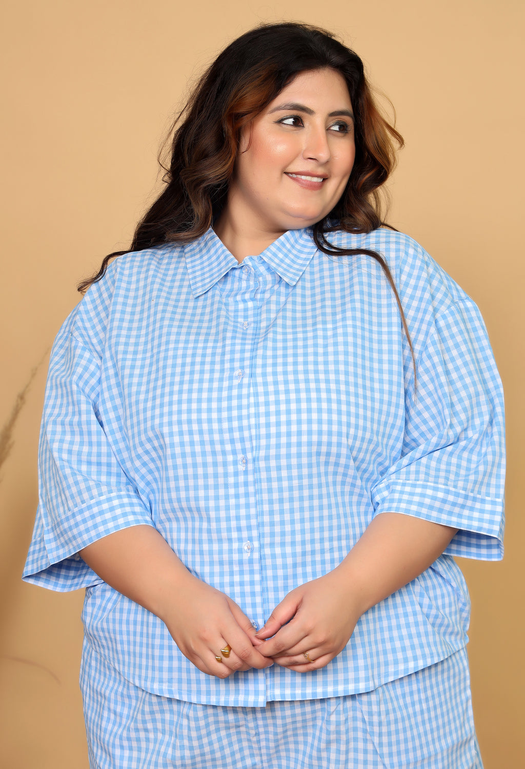 Blue Gingham Checks Drop Shoulders Comfort Loom Pure Cotton Plussize Short Set By Ameerah