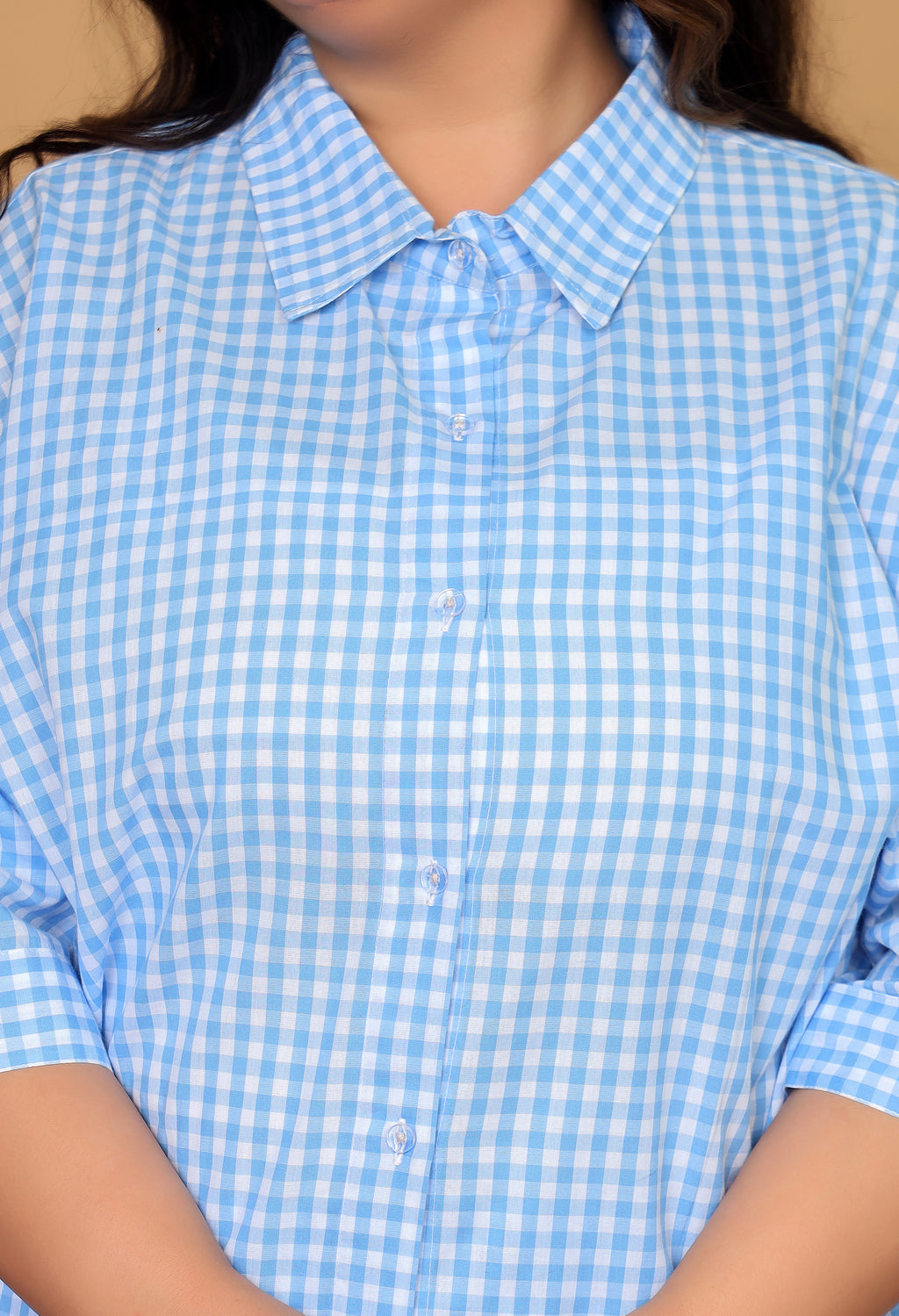 Blue Gingham Checks Drop Shoulders Comfort Loom Pure Cotton Plussize Short Set By Ameerah