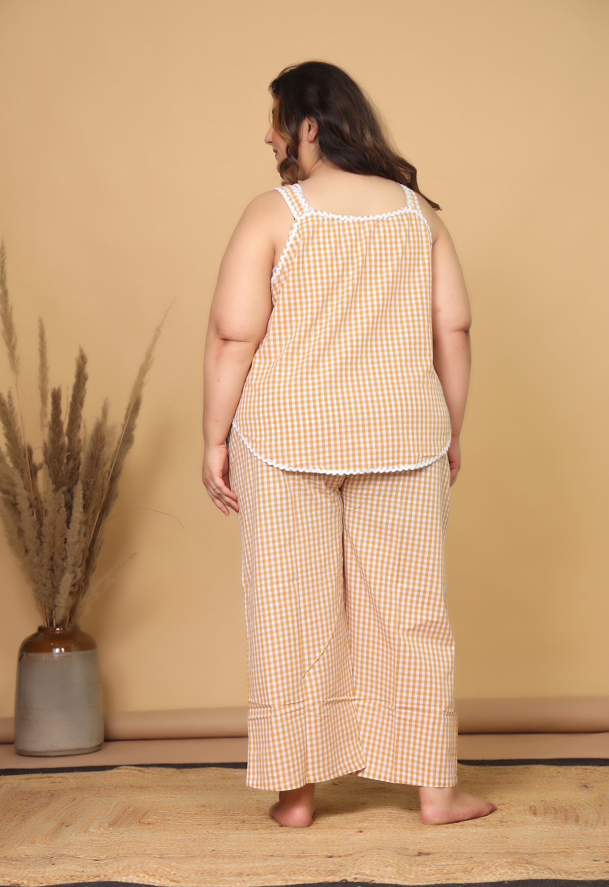 Mustard Gingham Checks Comfort Loom Pure Cotton Sleeveless Plussize Nightsuit Set By Ameerah
