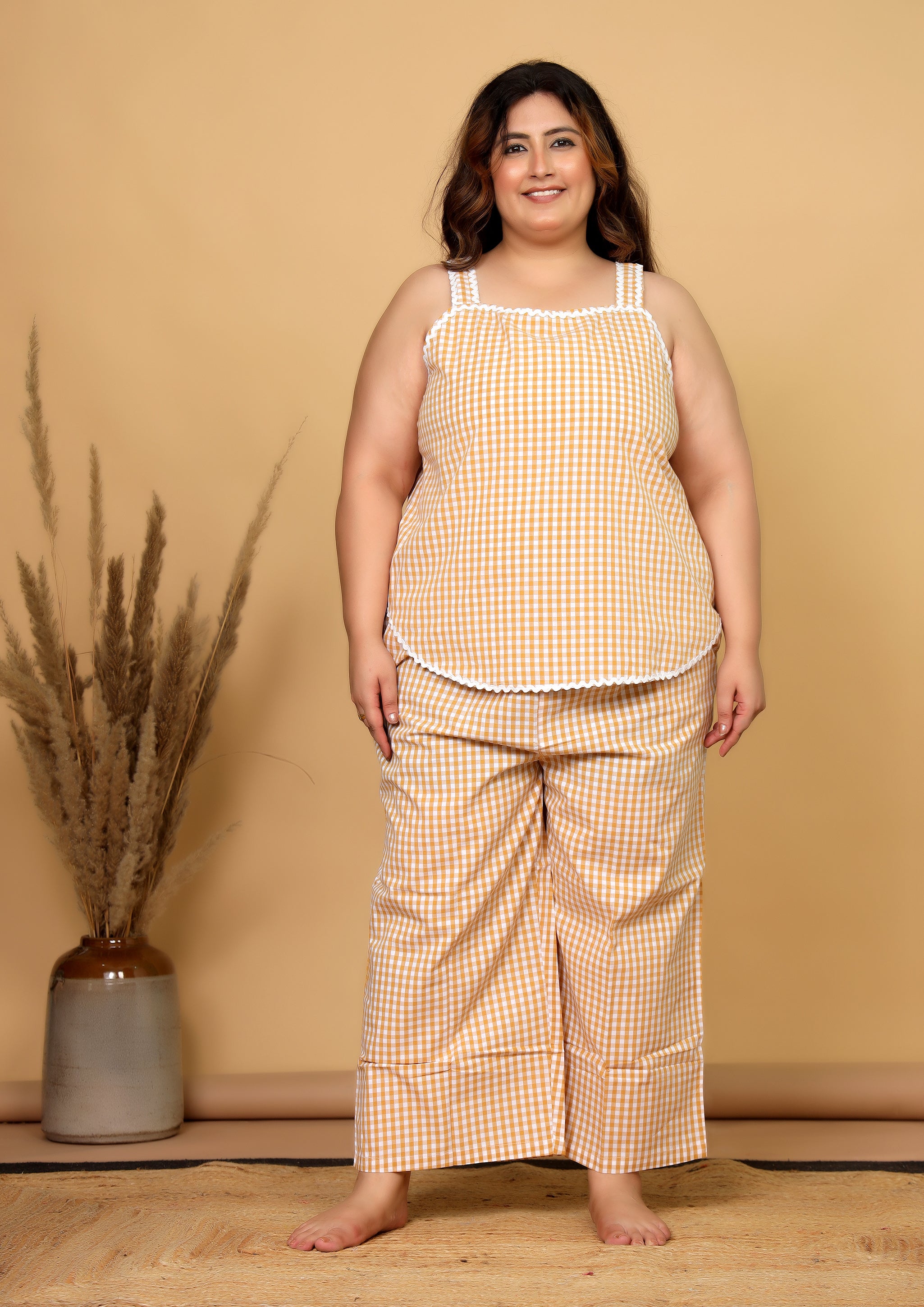 Mustard Gingham Checks Comfort Loom Pure Cotton Sleeveless Plussize Nightsuit Set By Ameerah