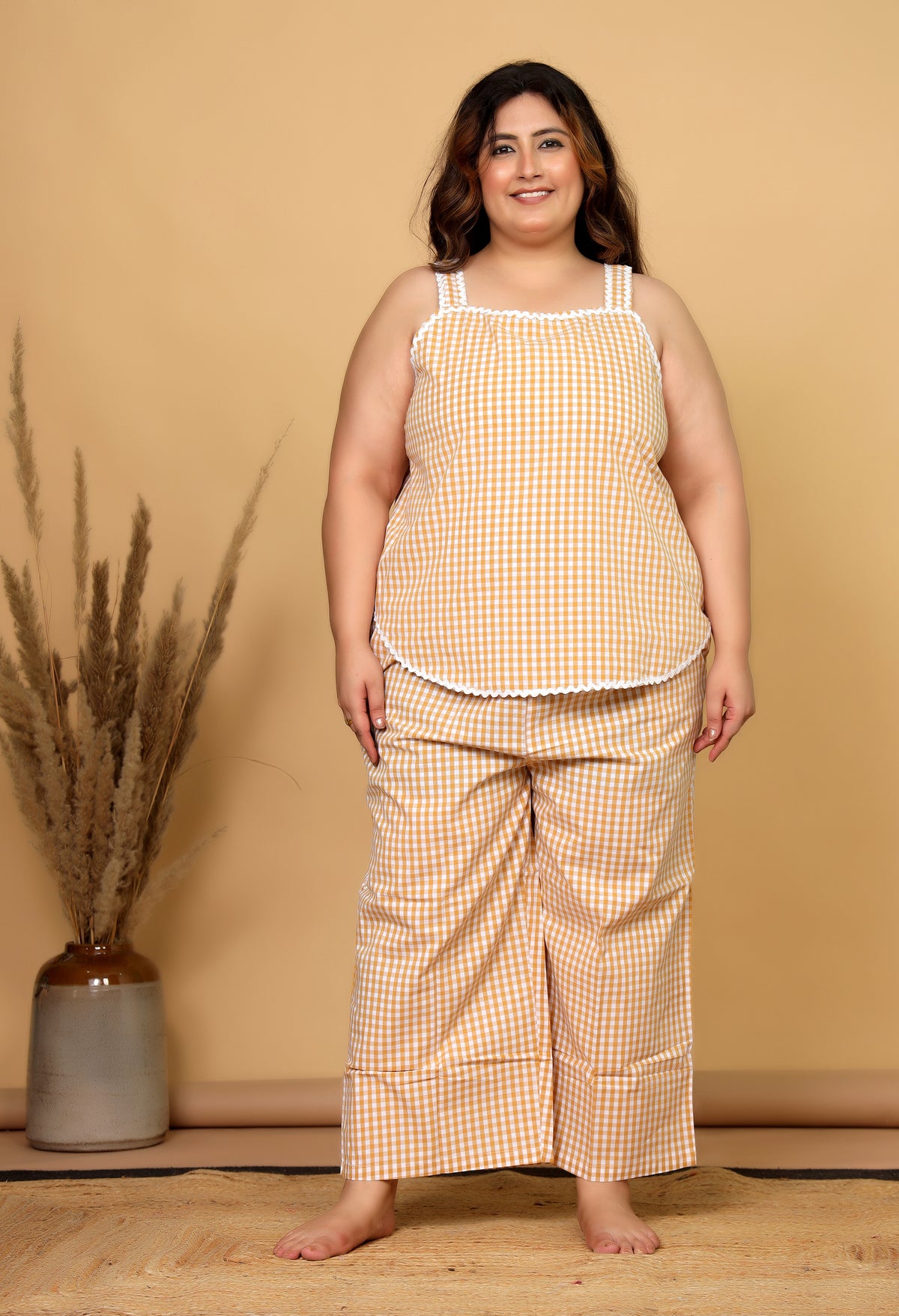 Mustard Gingham Checks Comfort Loom Pure Cotton Sleeveless Plussize Nightsuit Set By Ameerah