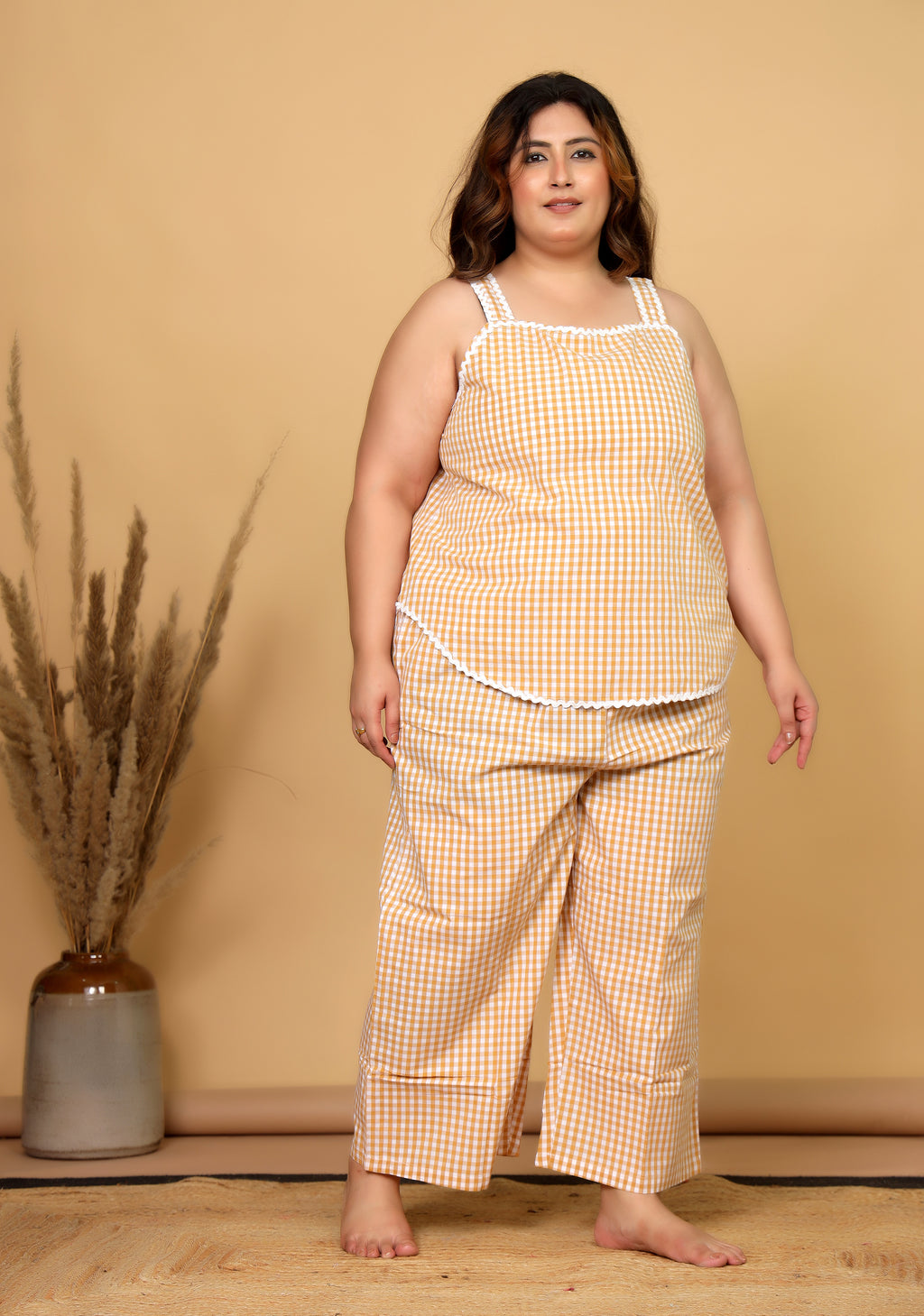 Mustard Gingham Checks Comfort Loom Pure Cotton Sleeveless Plussize Nightsuit Set By Ameerah