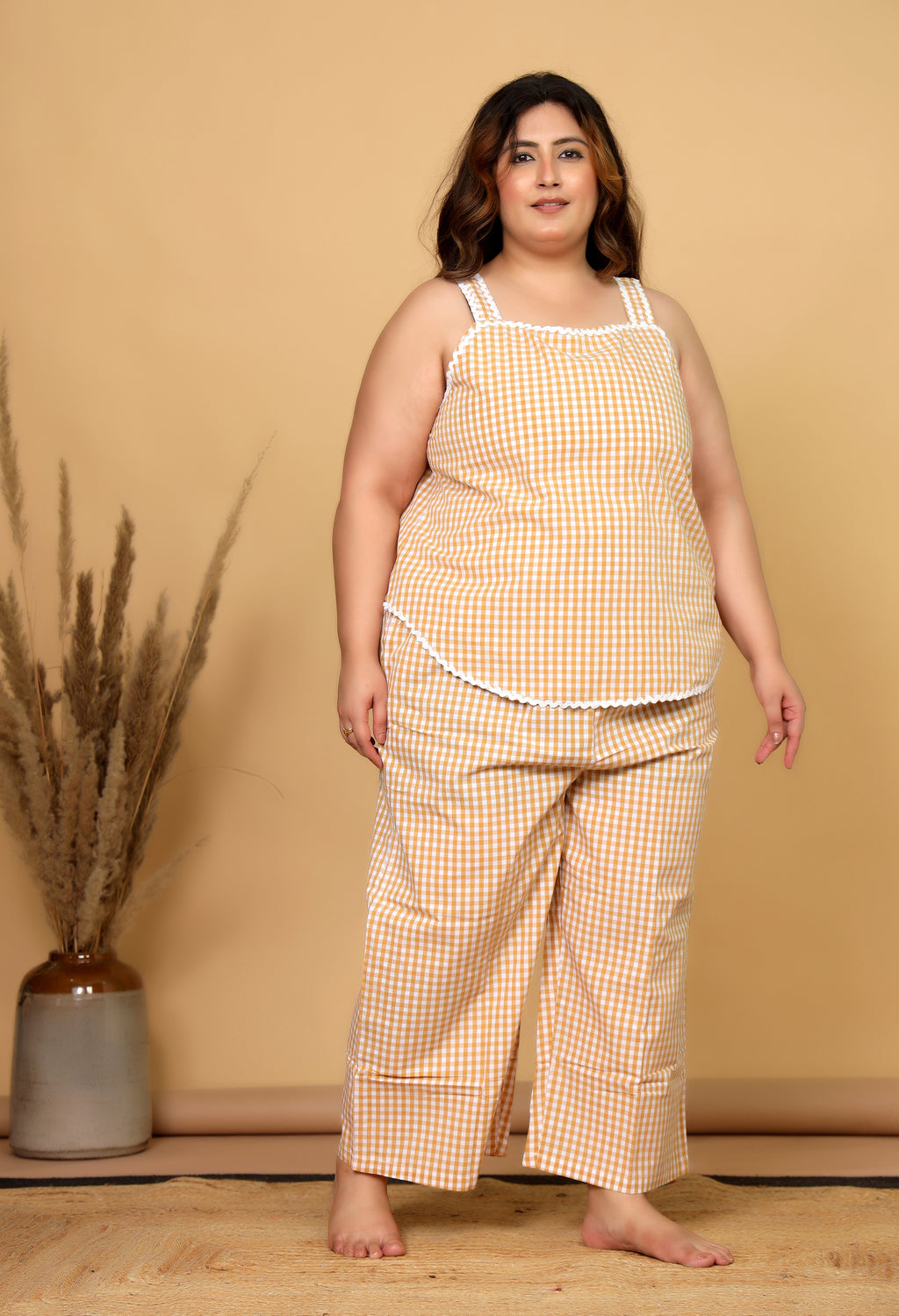 Mustard Gingham Checks Comfort Loom Pure Cotton Sleeveless Plussize Nightsuit Set By Ameerah
