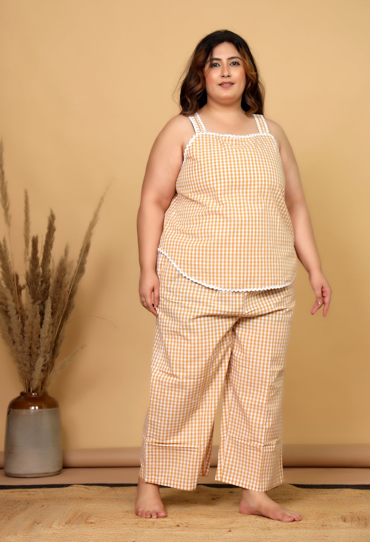 Mustard Gingham Checks Comfort Loom Pure Cotton Sleeveless Plussize Nightsuit Set By Ameerah