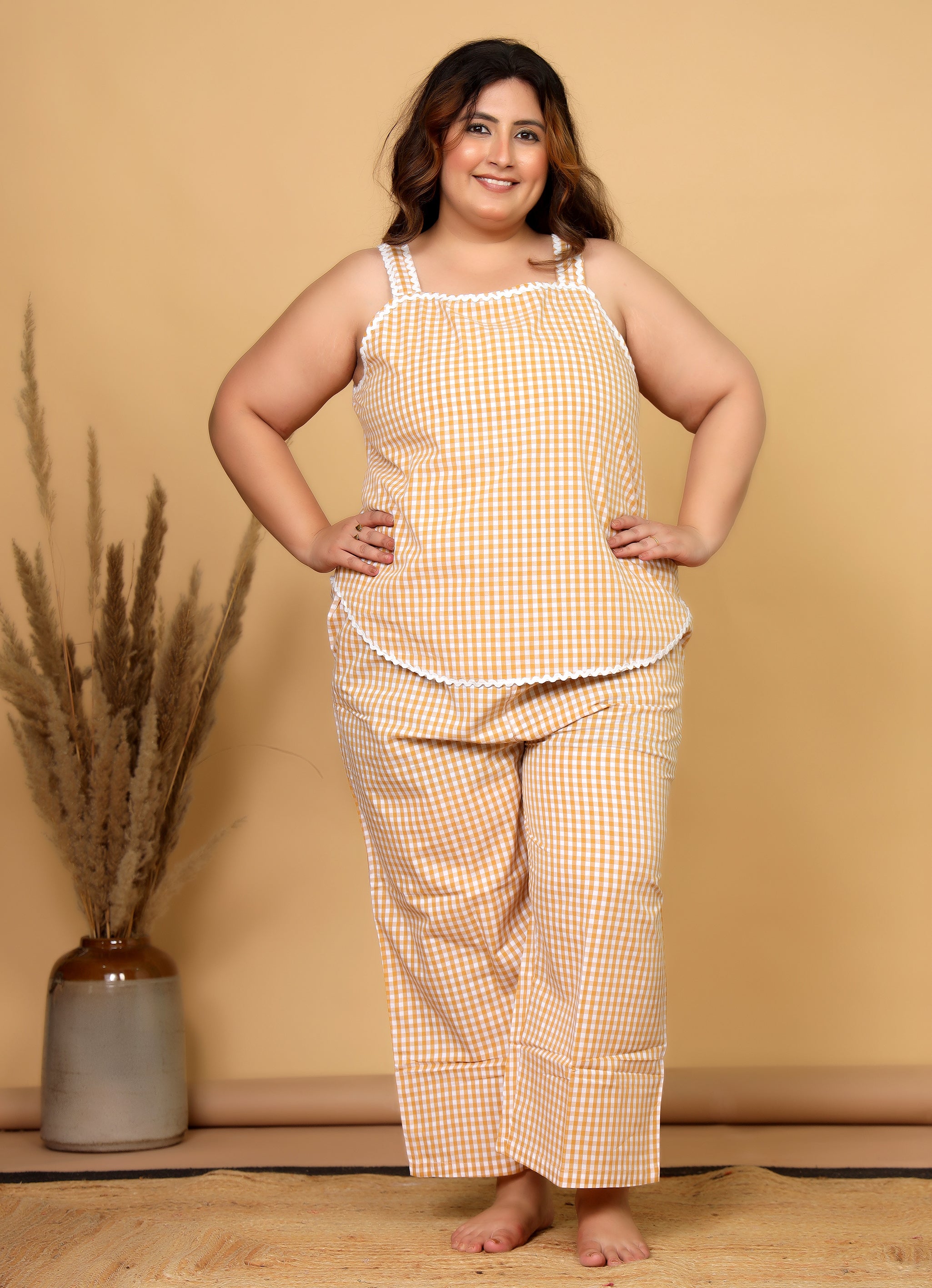 Mustard Gingham Checks Comfort Loom Pure Cotton Sleeveless Plussize Nightsuit Set By Ameerah