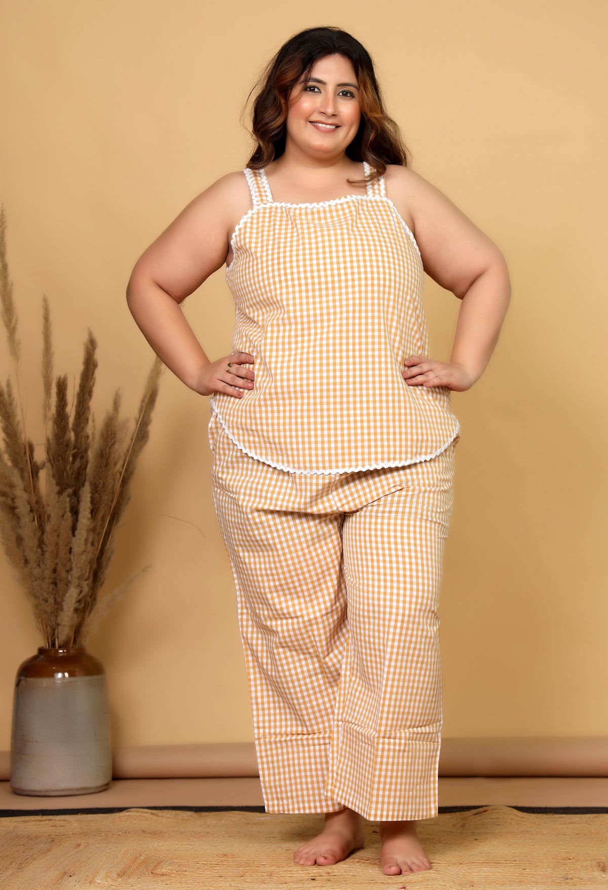 Mustard Gingham Checks Comfort Loom Pure Cotton Sleeveless Plussize Nightsuit Set By Ameerah
