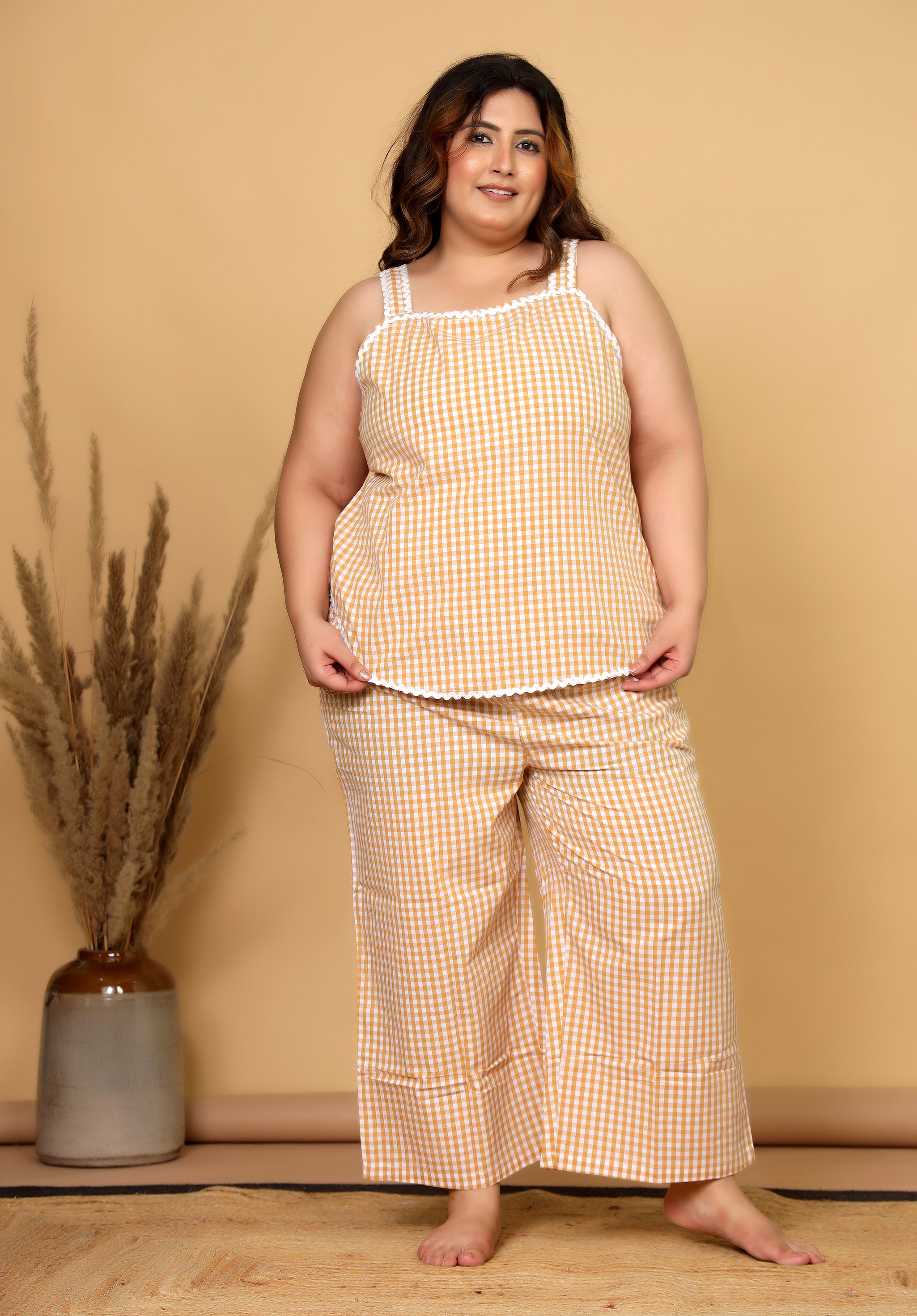 Mustard Gingham Checks Comfort Loom Pure Cotton Sleeveless Plussize Nightsuit Set By Ameerah