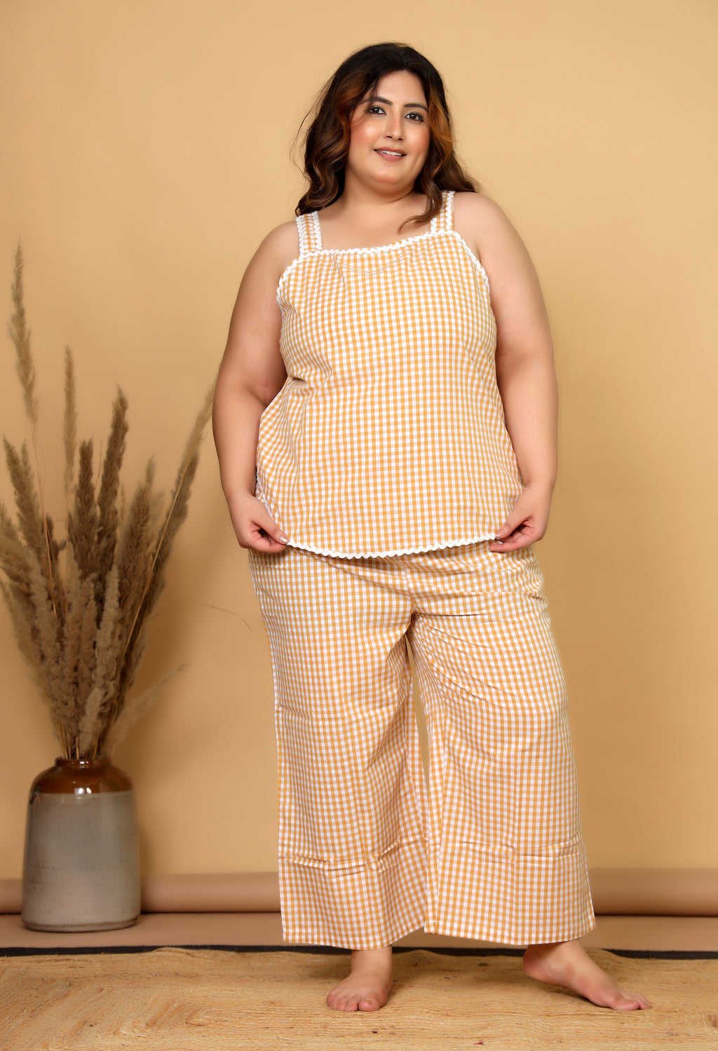 Mustard Gingham Checks Comfort Loom Pure Cotton Sleeveless Plussize Nightsuit Set By Ameerah