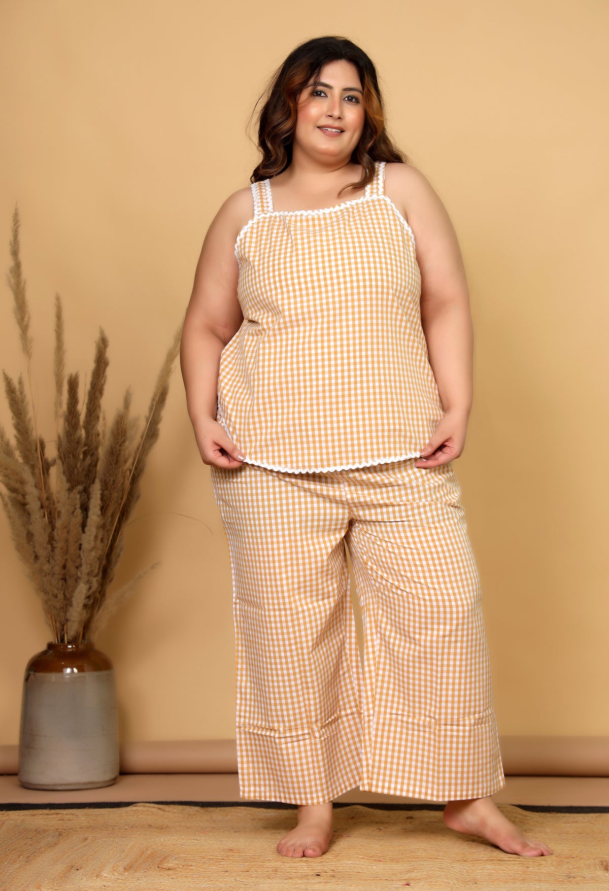 Mustard Gingham Checks Comfort Loom Pure Cotton Sleeveless Plussize Nightsuit Set By Ameerah