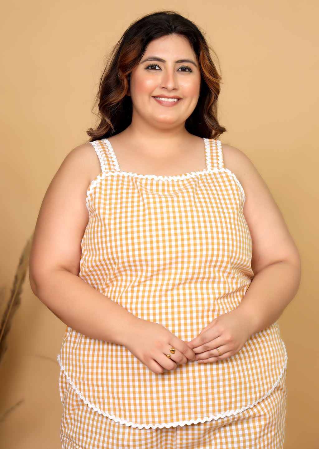 Mustard Gingham Checks Comfort Loom Pure Cotton Sleeveless Plussize Nightsuit Set By Ameerah