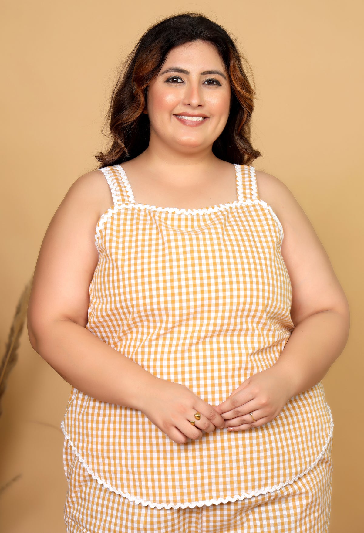 Mustard Gingham Checks Comfort Loom Pure Cotton Sleeveless Plussize Nightsuit Set By Ameerah