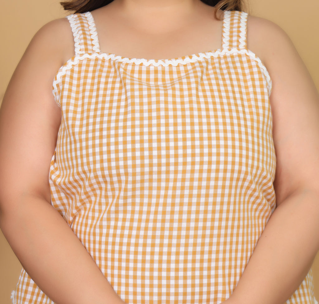 Mustard Gingham Checks Comfort Loom Pure Cotton Sleeveless Plussize Nightsuit Set By Ameerah
