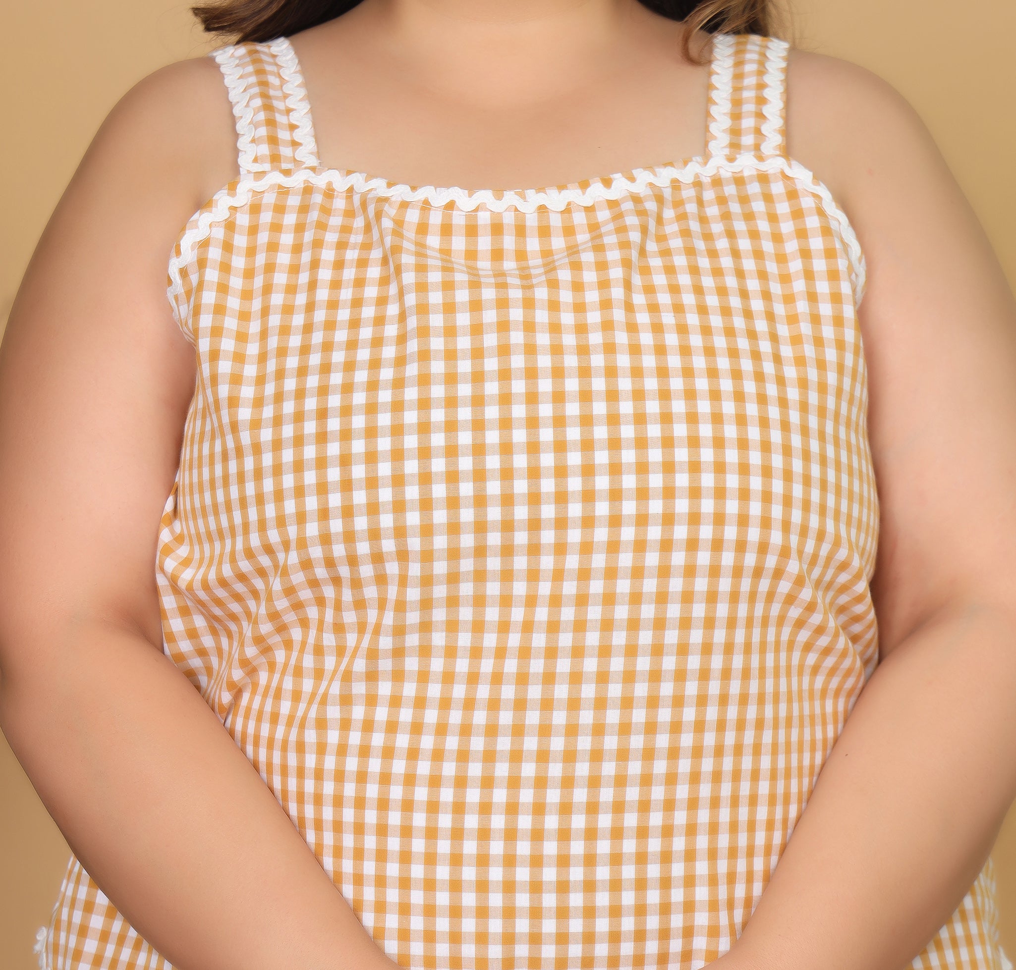 Mustard Gingham Checks Comfort Loom Pure Cotton Sleeveless Plussize Nightsuit Set By Ameerah