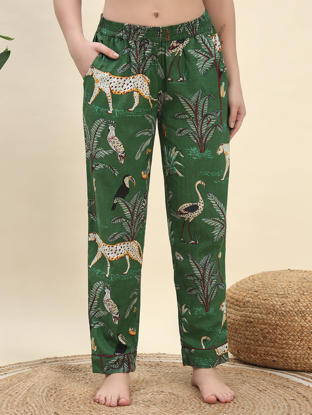 Jungle Safari Printed Pure Cotton Nightsuit Set in Forest Green by Ameerah