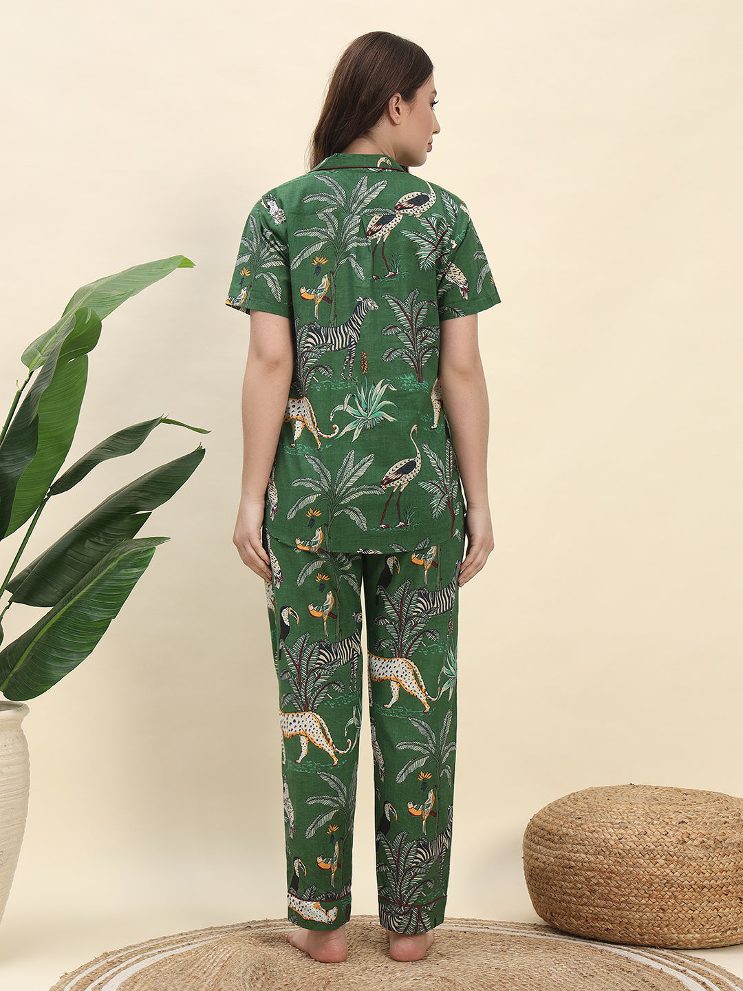 Jungle Safari Printed Pure Cotton Nightsuit Set in Forest Green by Ameerah