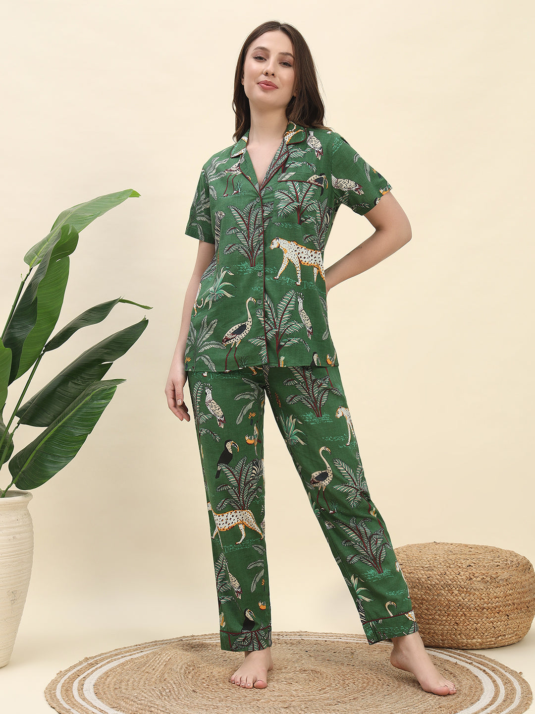 Jungle Safari Printed Pure Cotton Nightsuit Set in Forest Green by Ameerah