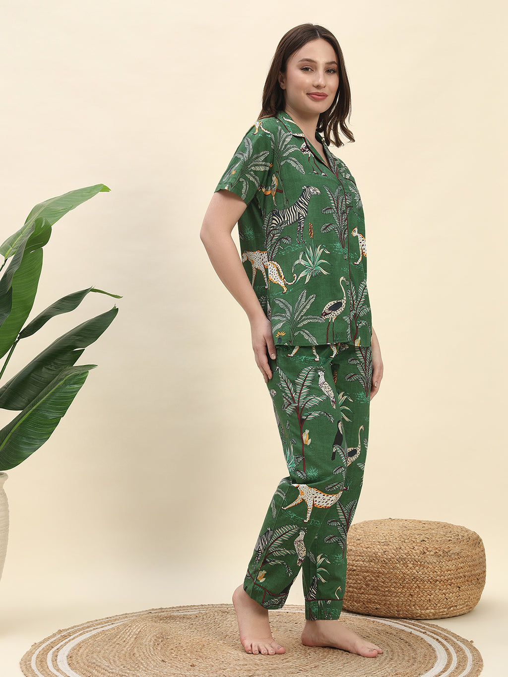 Jungle Safari Printed Pure Cotton Nightsuit Set in Forest Green by Ameerah
