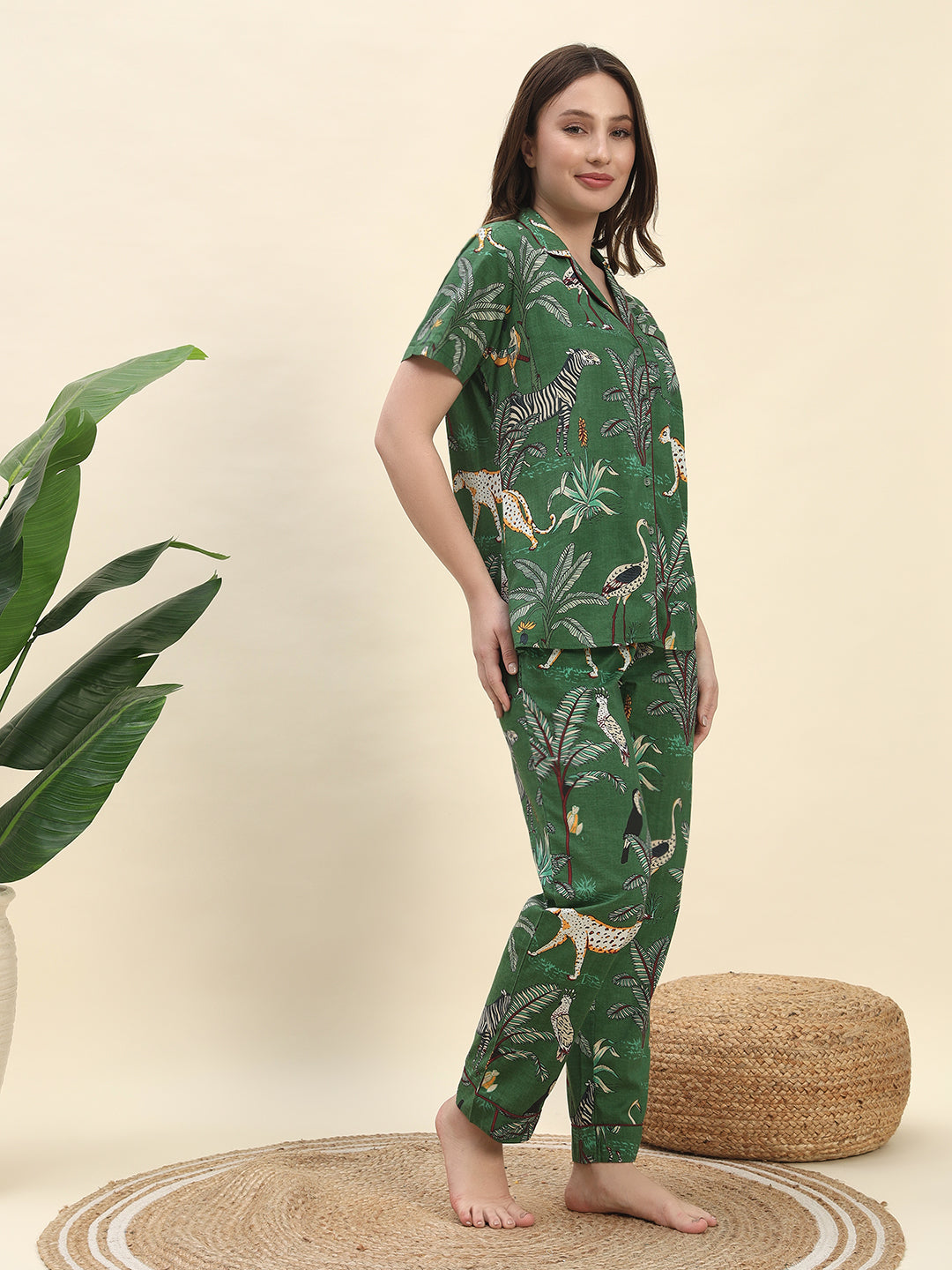 Jungle Safari Printed Pure Cotton Nightsuit Set in Forest Green by Ameerah