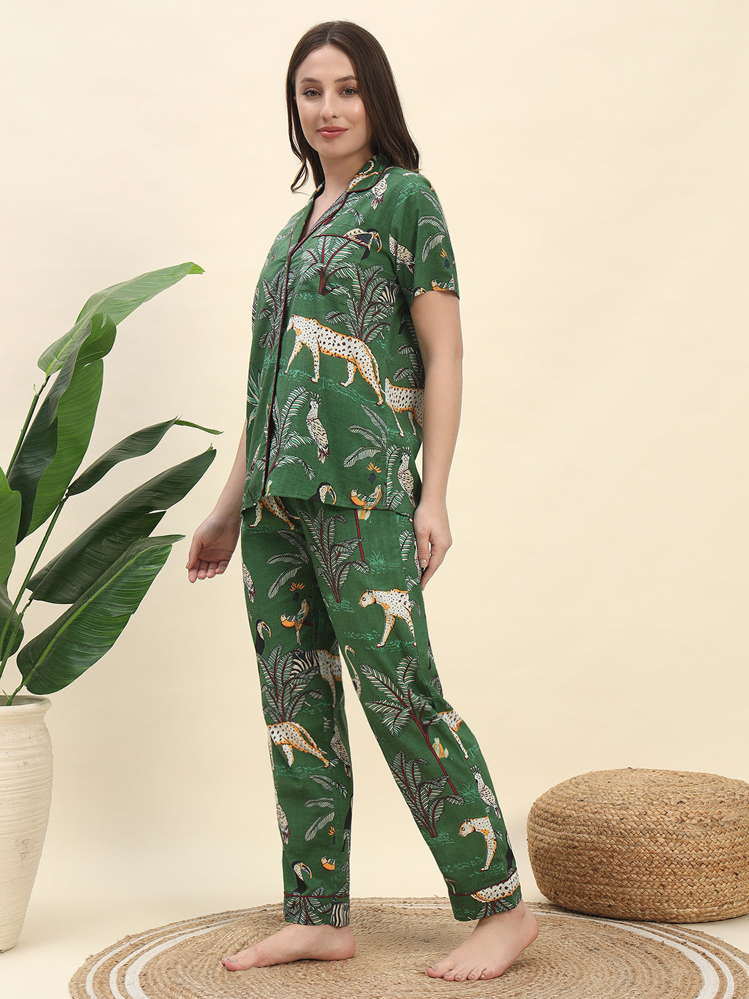 Jungle Safari Printed Pure Cotton Nightsuit Set in Forest Green by Ameerah
