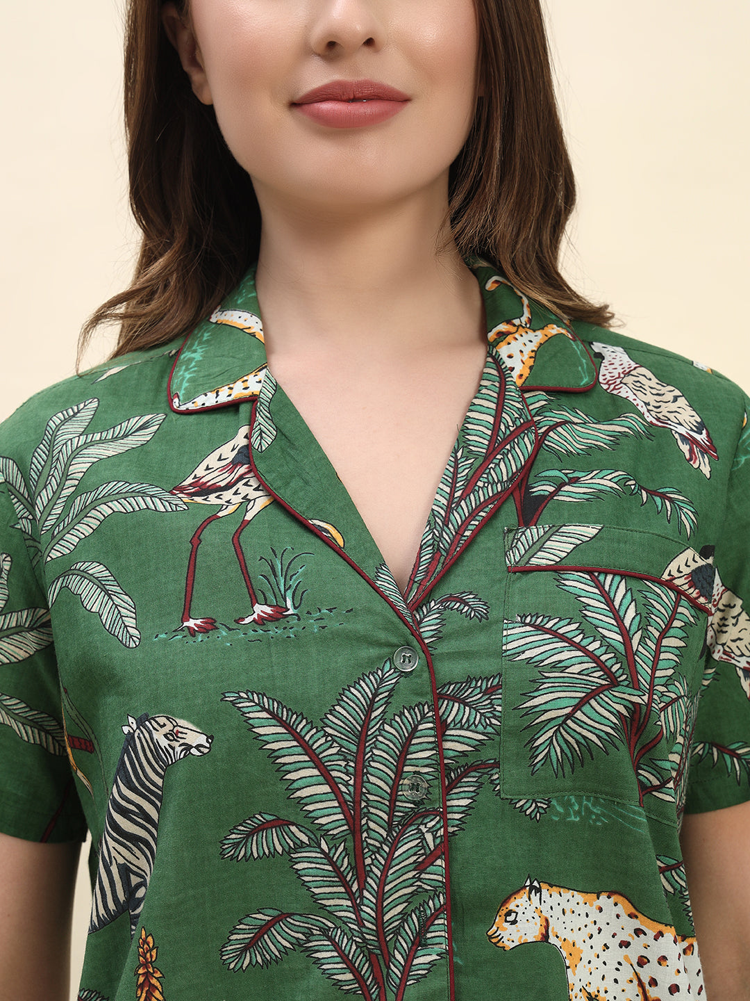 Jungle Safari Printed Pure Cotton Nightsuit Set in Forest Green by Ameerah