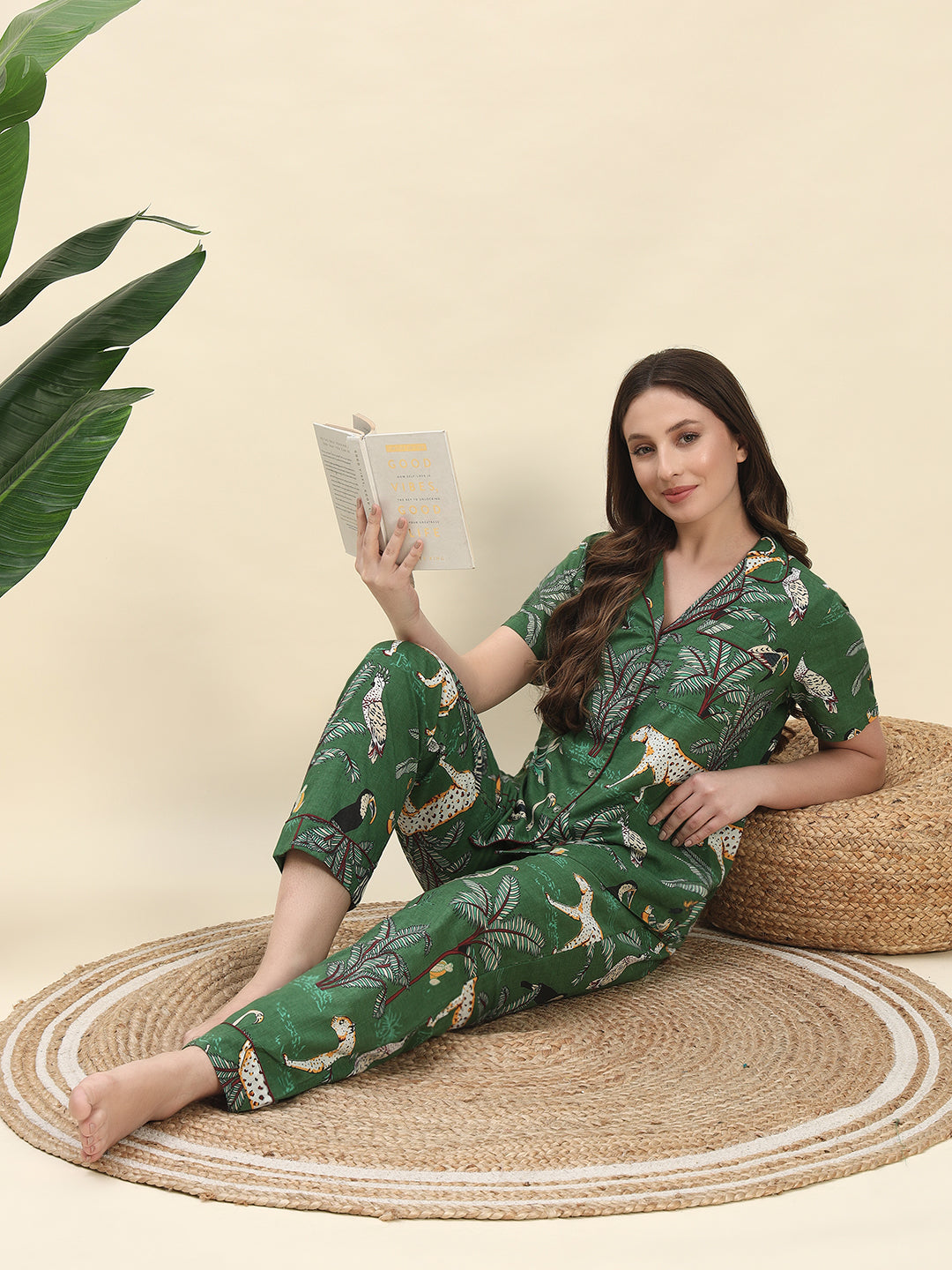 Jungle Safari Printed Pure Cotton Nightsuit Set in Forest Green by Ameerah