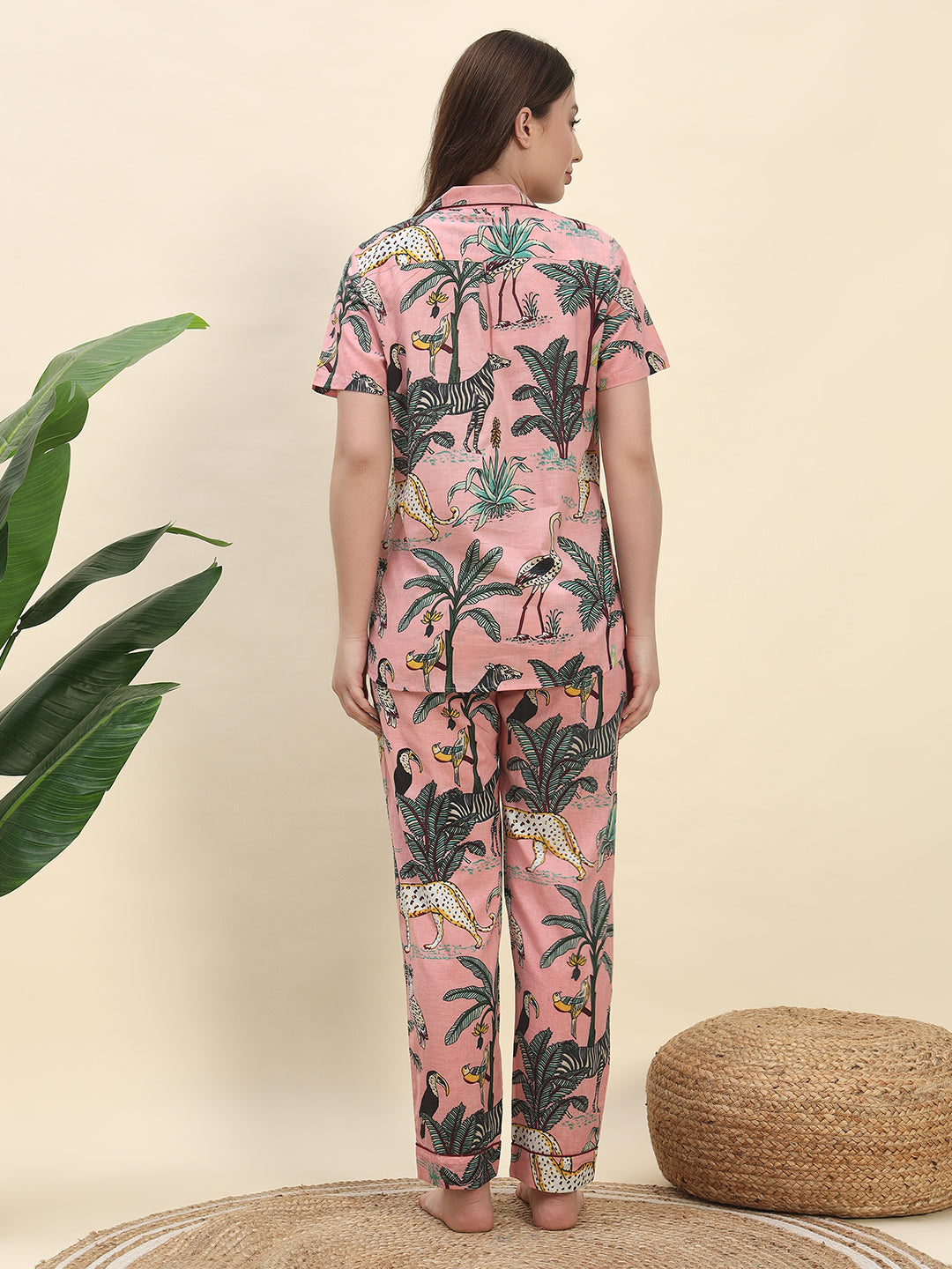 Jungle Safari Printed Pure Cotton Nightsuit Set in Peach by Ameerah