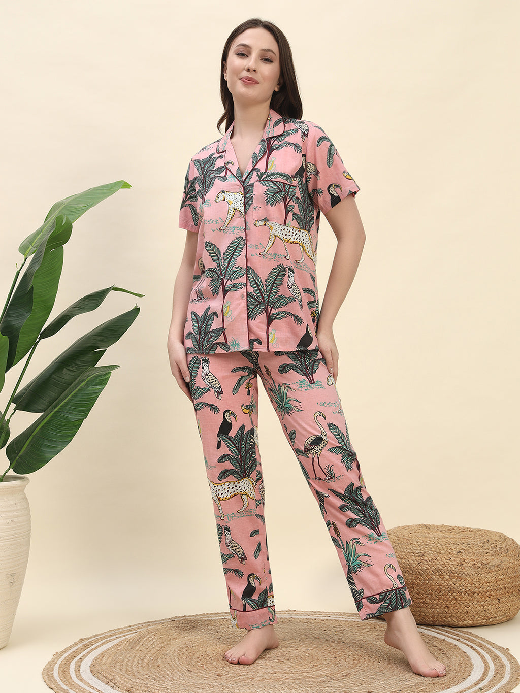 Jungle Safari Printed Pure Cotton Nightsuit Set in Peach by Ameerah