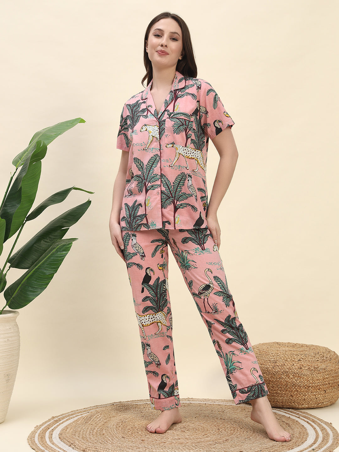 Jungle Safari Printed Pure Cotton Nightsuit Set in Peach by Ameerah
