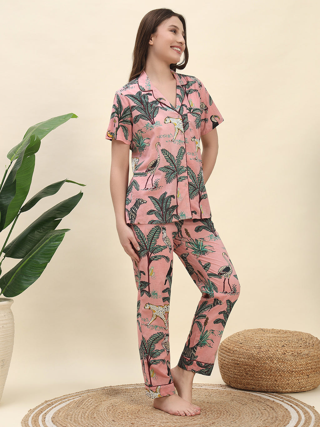 Jungle Safari Printed Pure Cotton Nightsuit Set in Peach by Ameerah