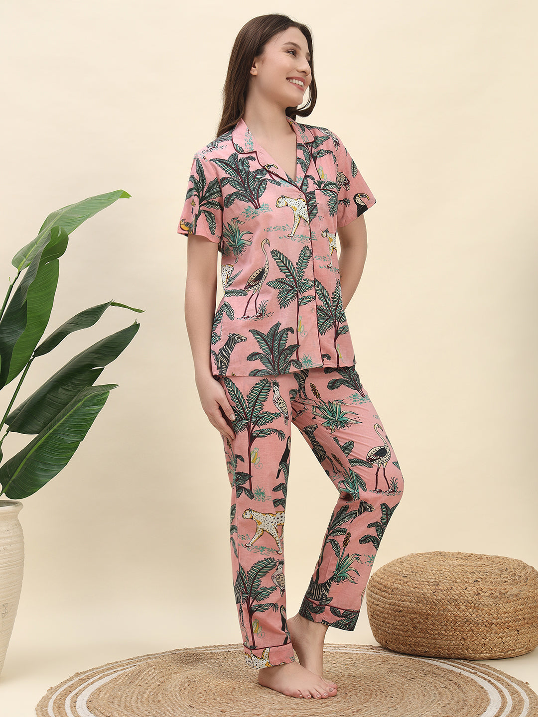 Jungle Safari Printed Pure Cotton Nightsuit Set in Peach by Ameerah