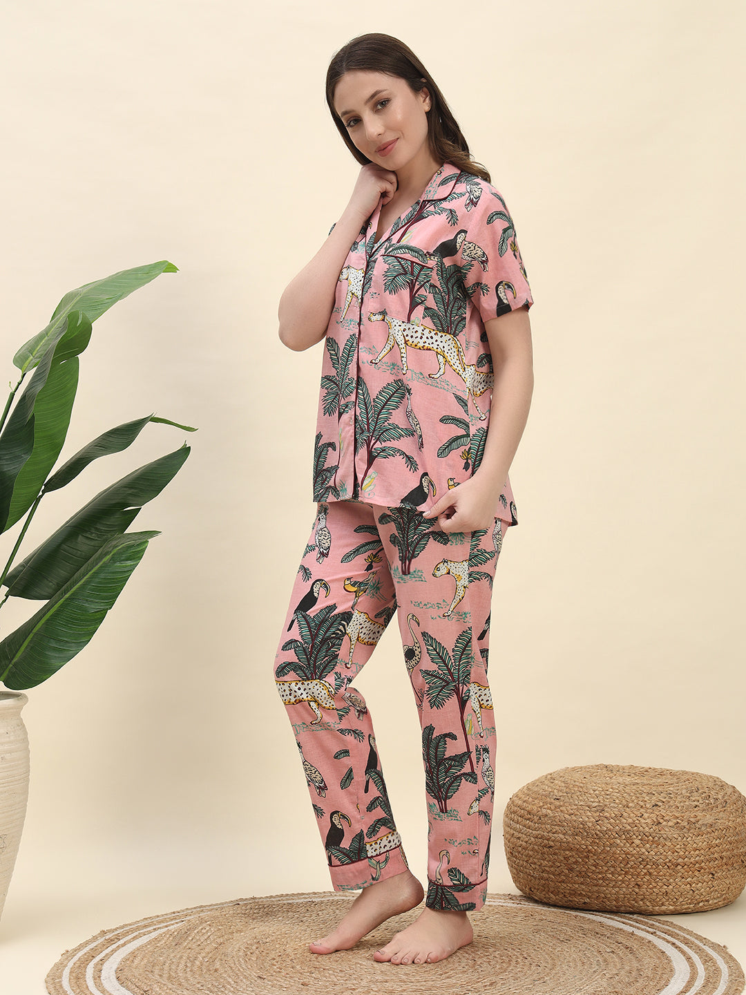 Jungle Safari Printed Pure Cotton Nightsuit Set in Peach by Ameerah