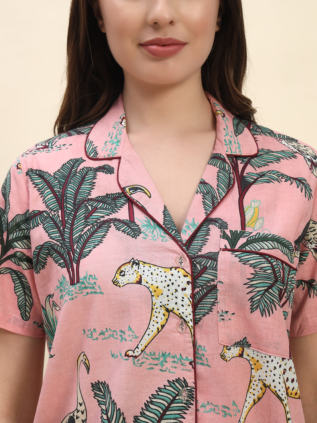 Jungle Safari Printed Pure Cotton Nightsuit Set in Peach by Ameerah