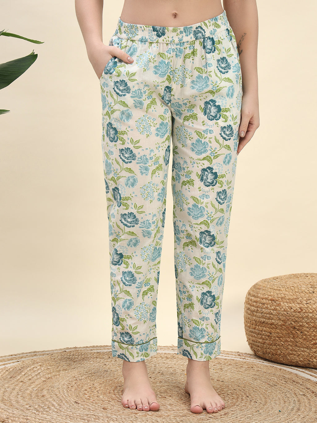 Floral Botanical Printed Pure Cotton Nightsuit Set in Ivory White by Ameerah