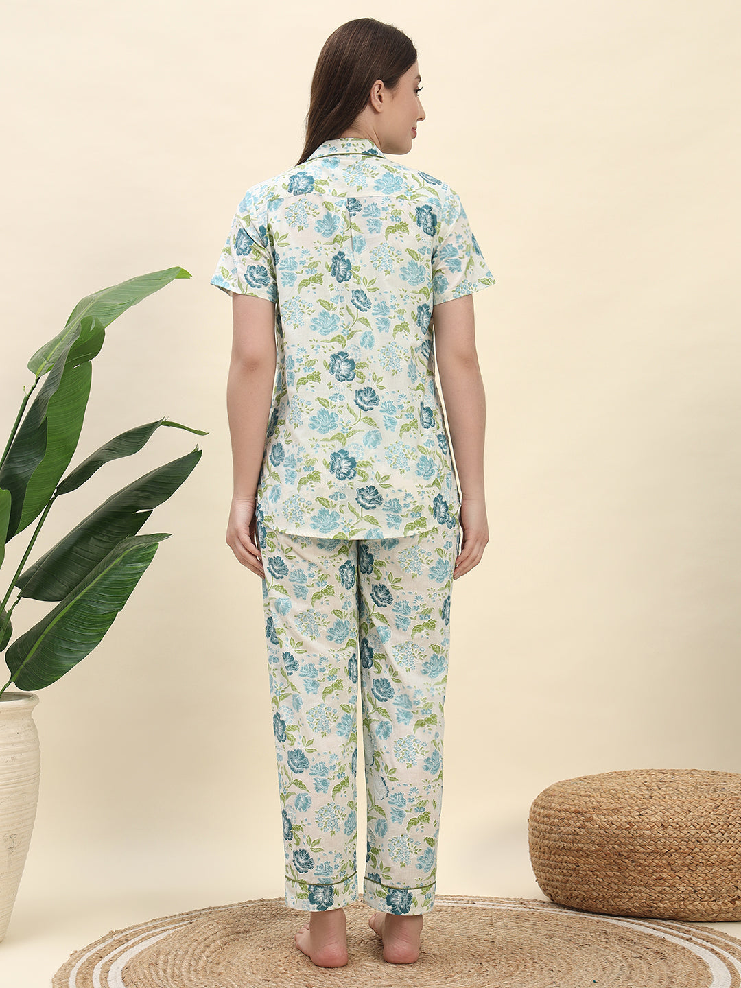 Floral Botanical Printed Pure Cotton Nightsuit Set in Ivory White by Ameerah
