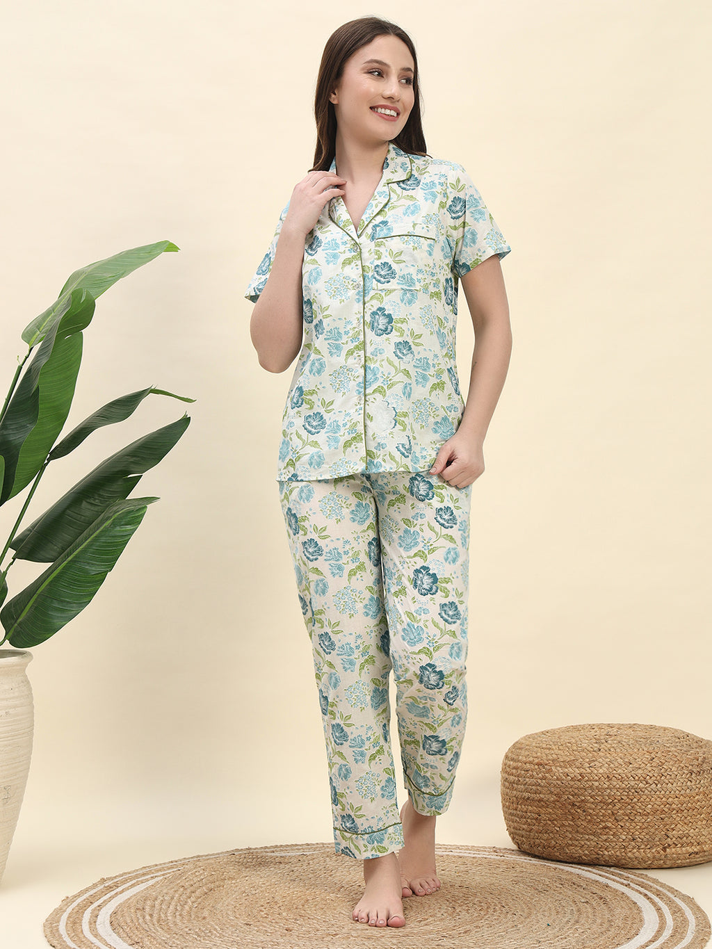 Floral Botanical Printed Pure Cotton Nightsuit Set in Ivory White by Ameerah