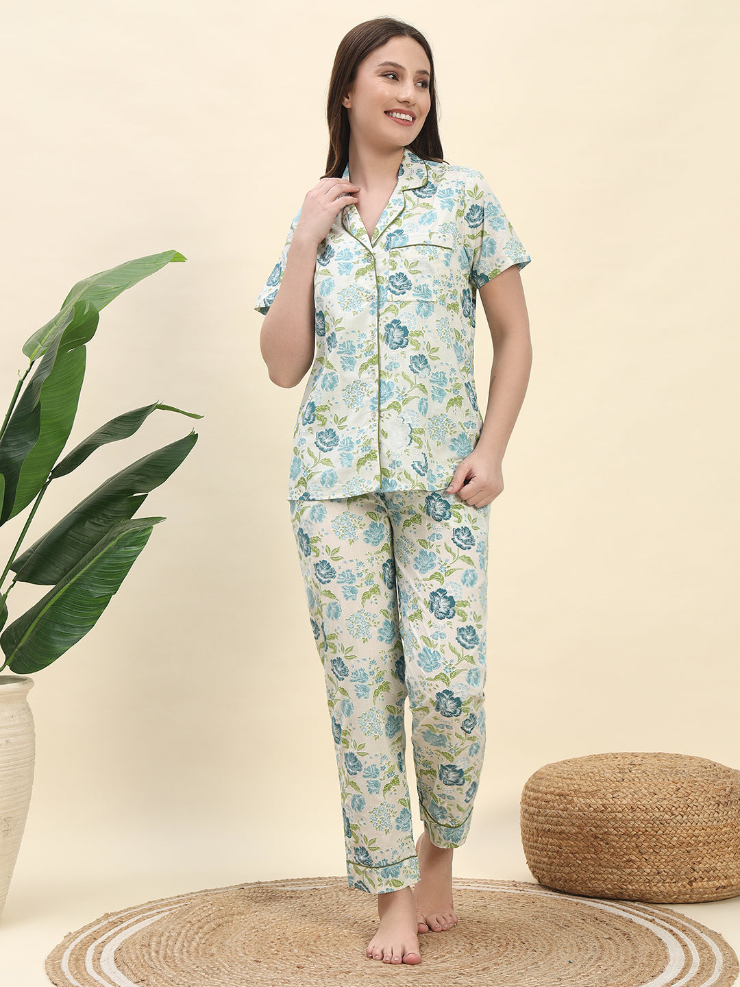 Floral Botanical Printed Pure Cotton Nightsuit Set in Ivory White by Ameerah