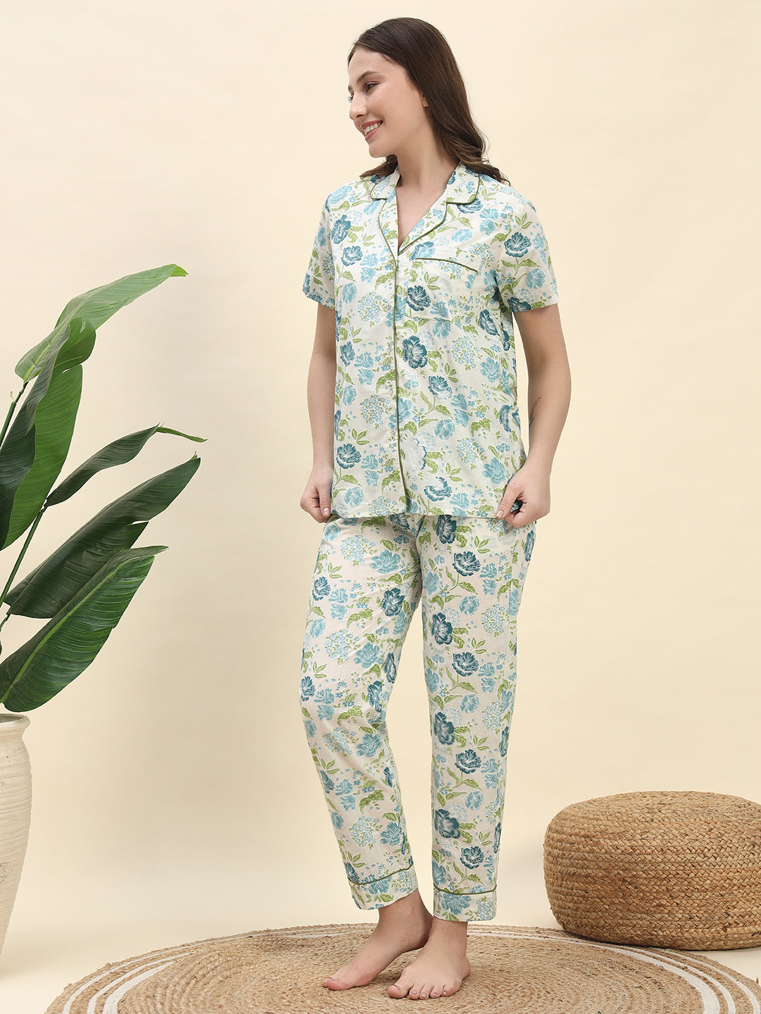 Floral Botanical Printed Pure Cotton Nightsuit Set in Ivory White by Ameerah