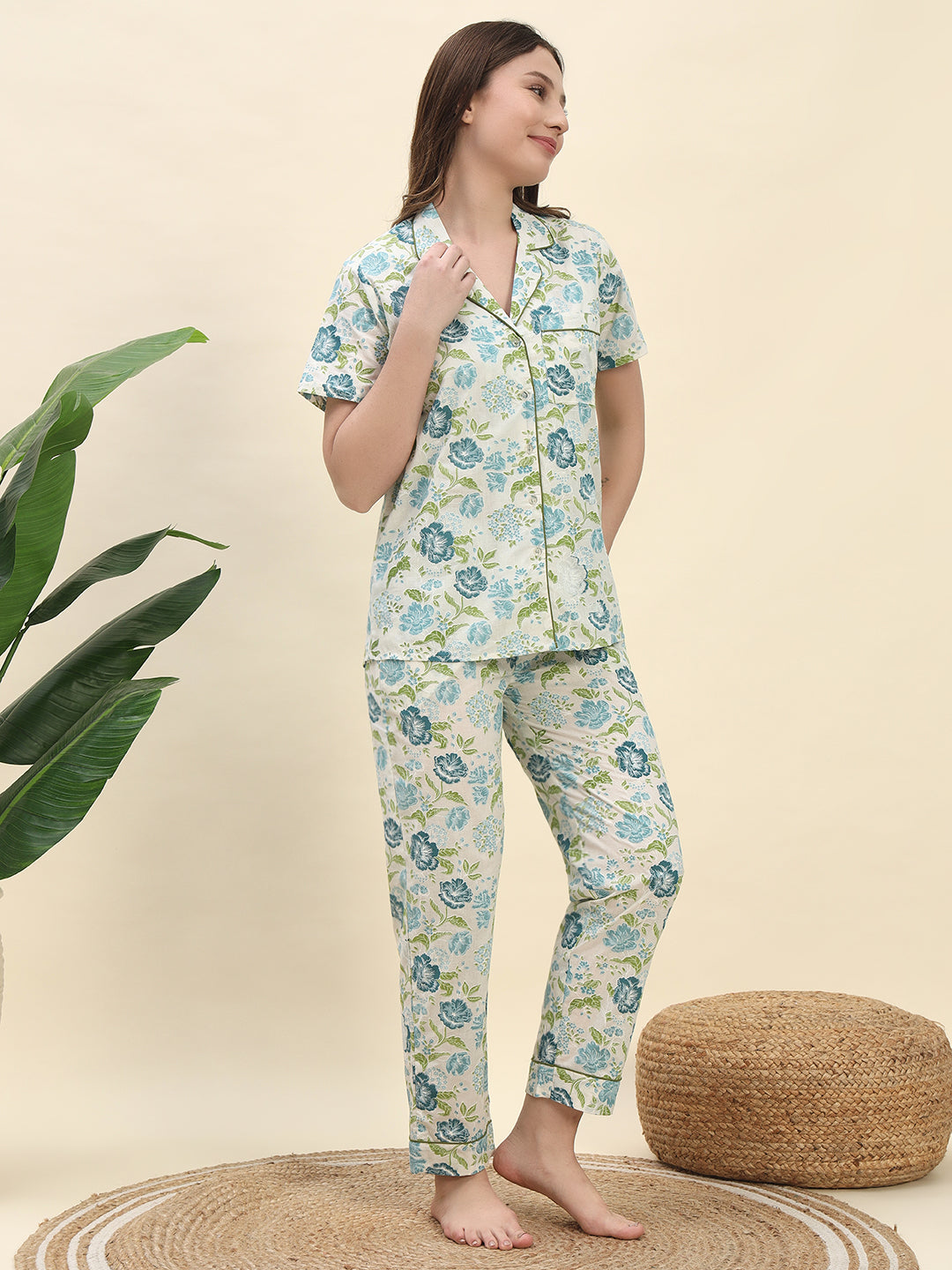 Floral Botanical Printed Pure Cotton Nightsuit Set in Ivory White by Ameerah