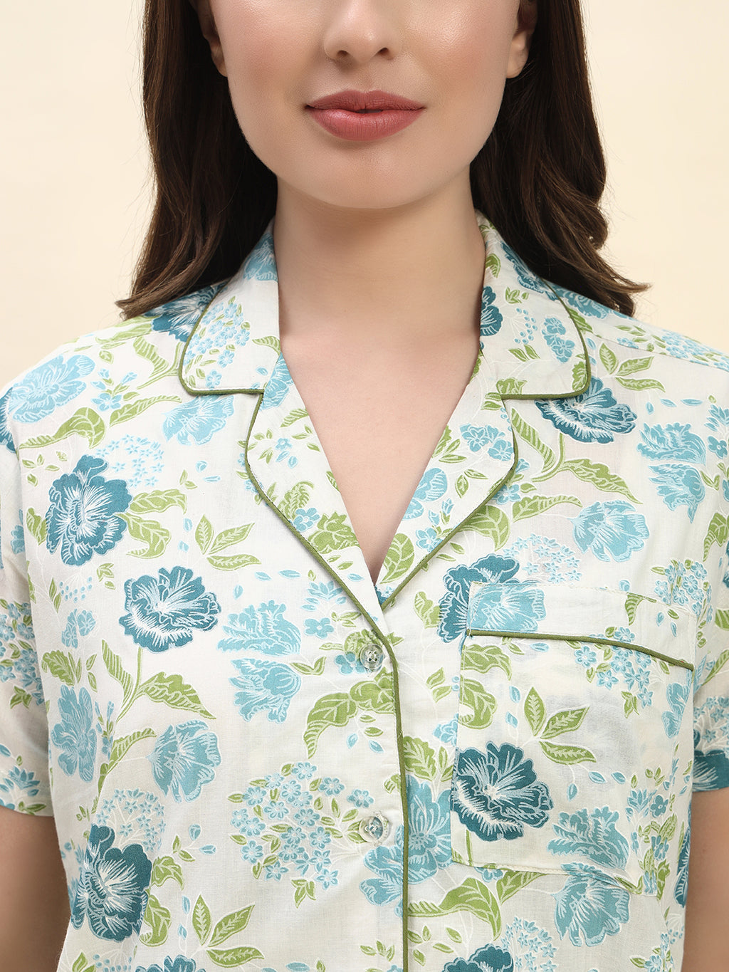 Floral Botanical Printed Pure Cotton Nightsuit Set in Ivory White by Ameerah