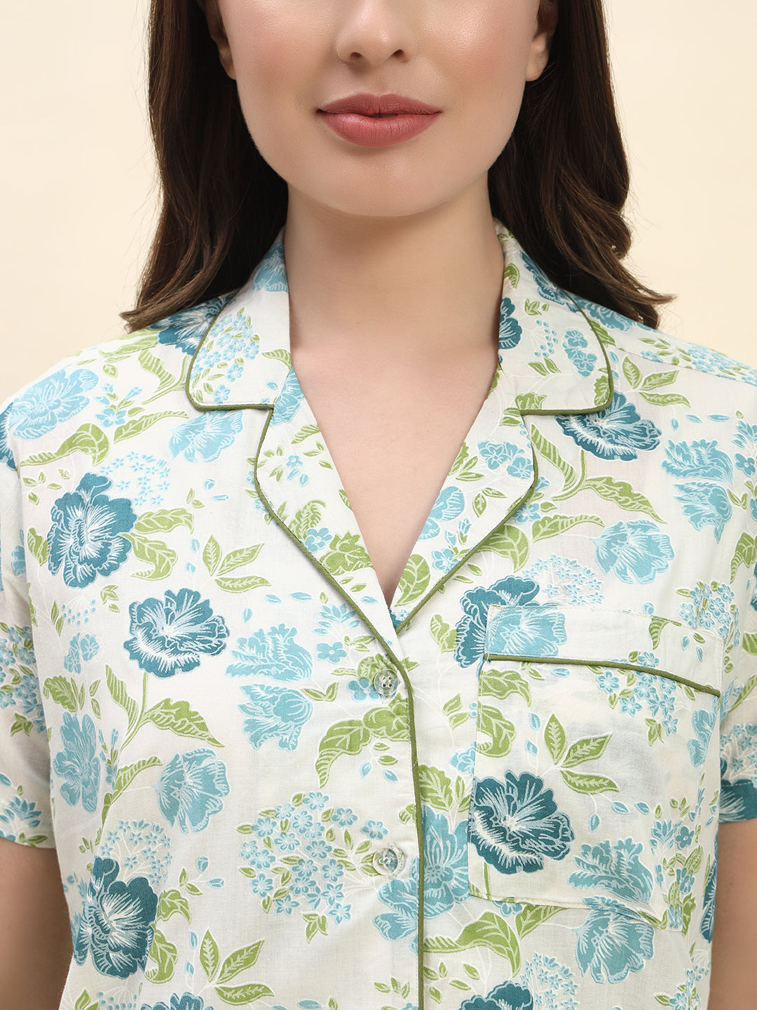 Floral Botanical Printed Pure Cotton Nightsuit Set in Ivory White by Ameerah
