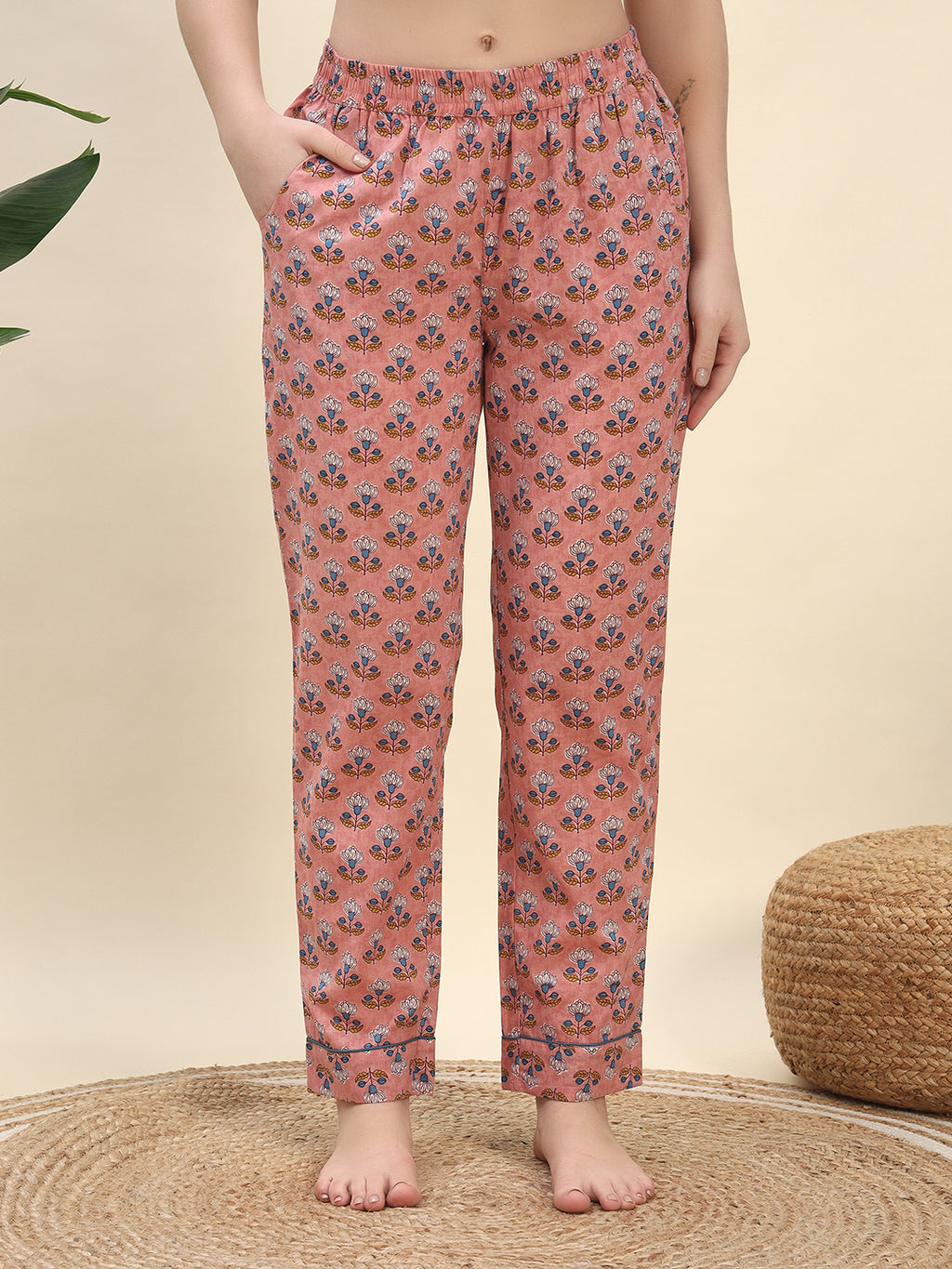 Handblock-Inspired Floral Buta Printed Pure Cotton Nightsuit Set in Peach by Ameerah
