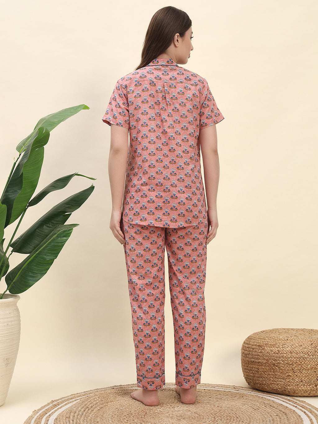 Handblock-Inspired Floral Buta Printed Pure Cotton Nightsuit Set in Peach by Ameerah