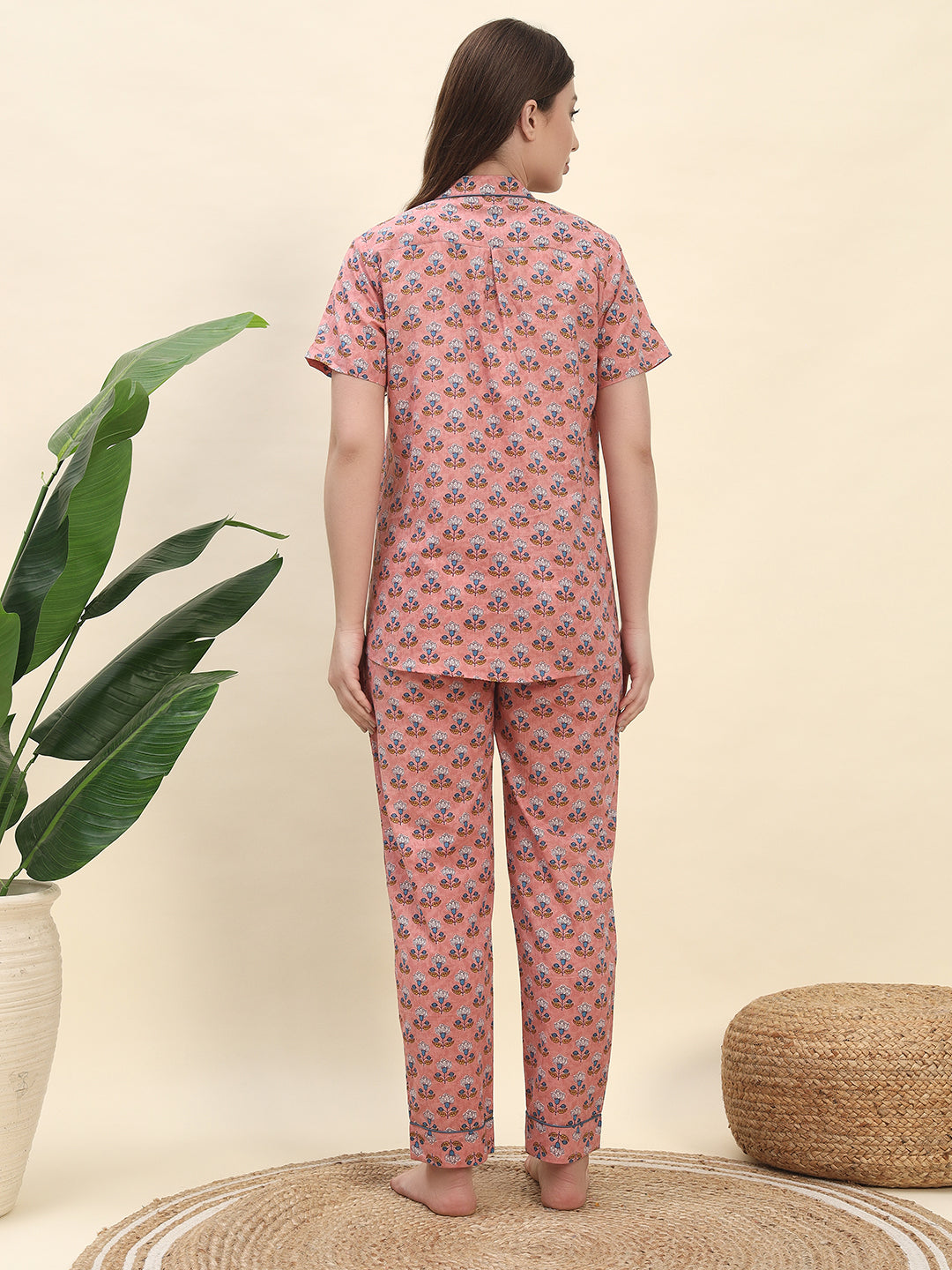 Handblock-Inspired Floral Buta Printed Pure Cotton Nightsuit Set in Peach by Ameerah